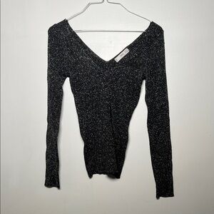 Mango Black Metallic V-Neck Long Sleeve Top